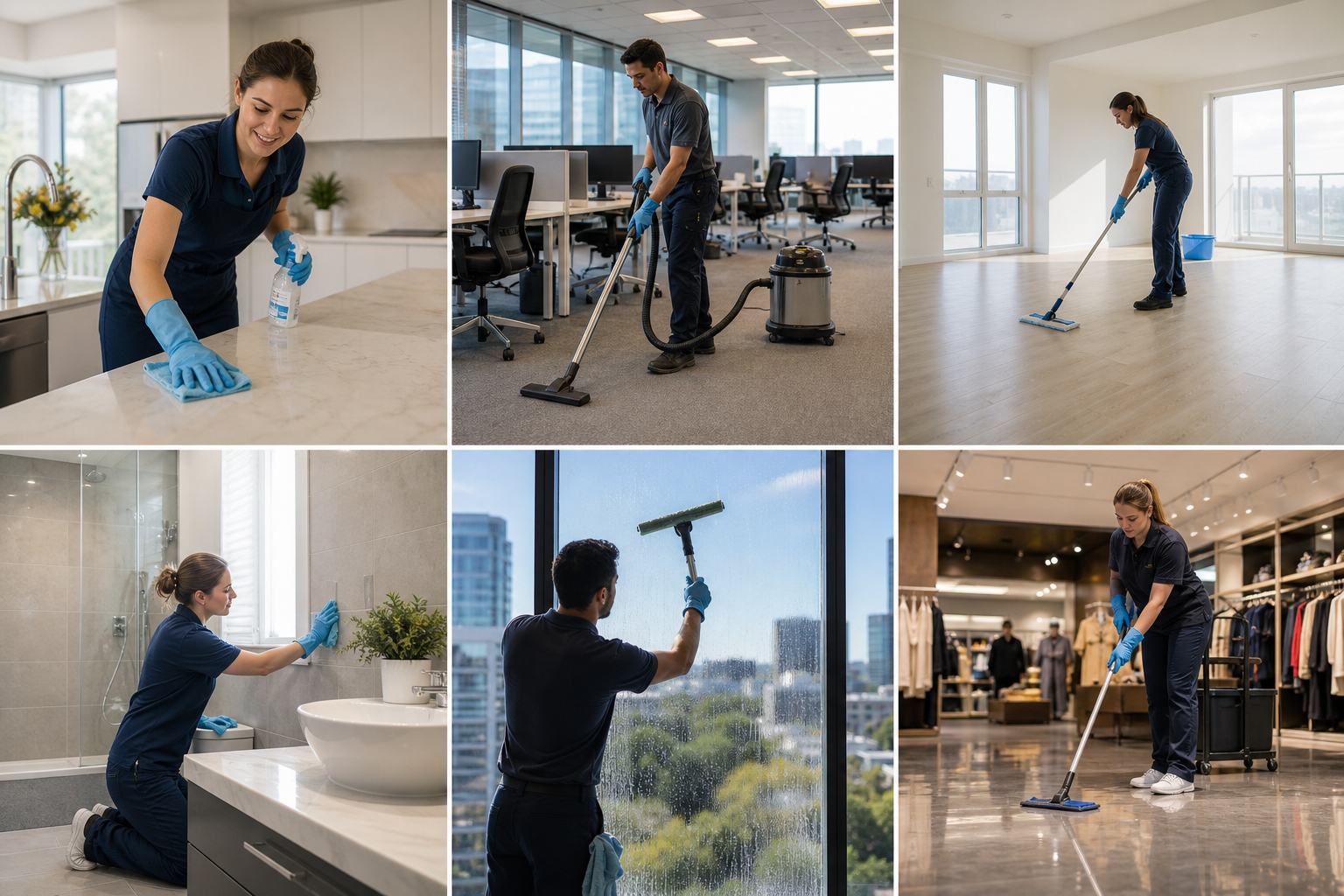 Professional cleaners with cleaning supplies